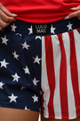 American flag patterned shorts with a visible brand label on a neutral background