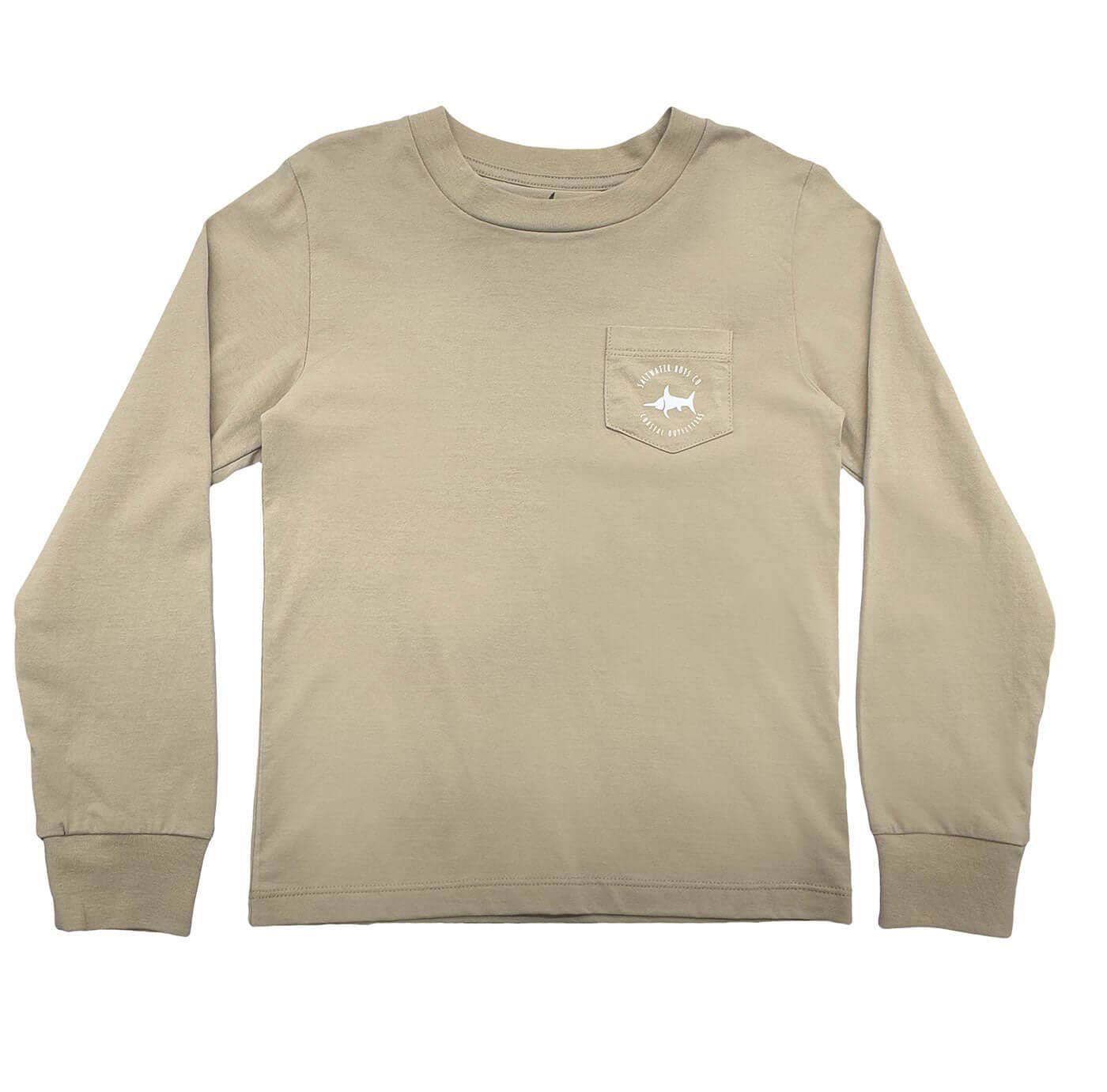 Beige long-sleeve shirt with a pocket and logo on a white background