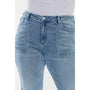 Light blue jeans worn by a person on a white background