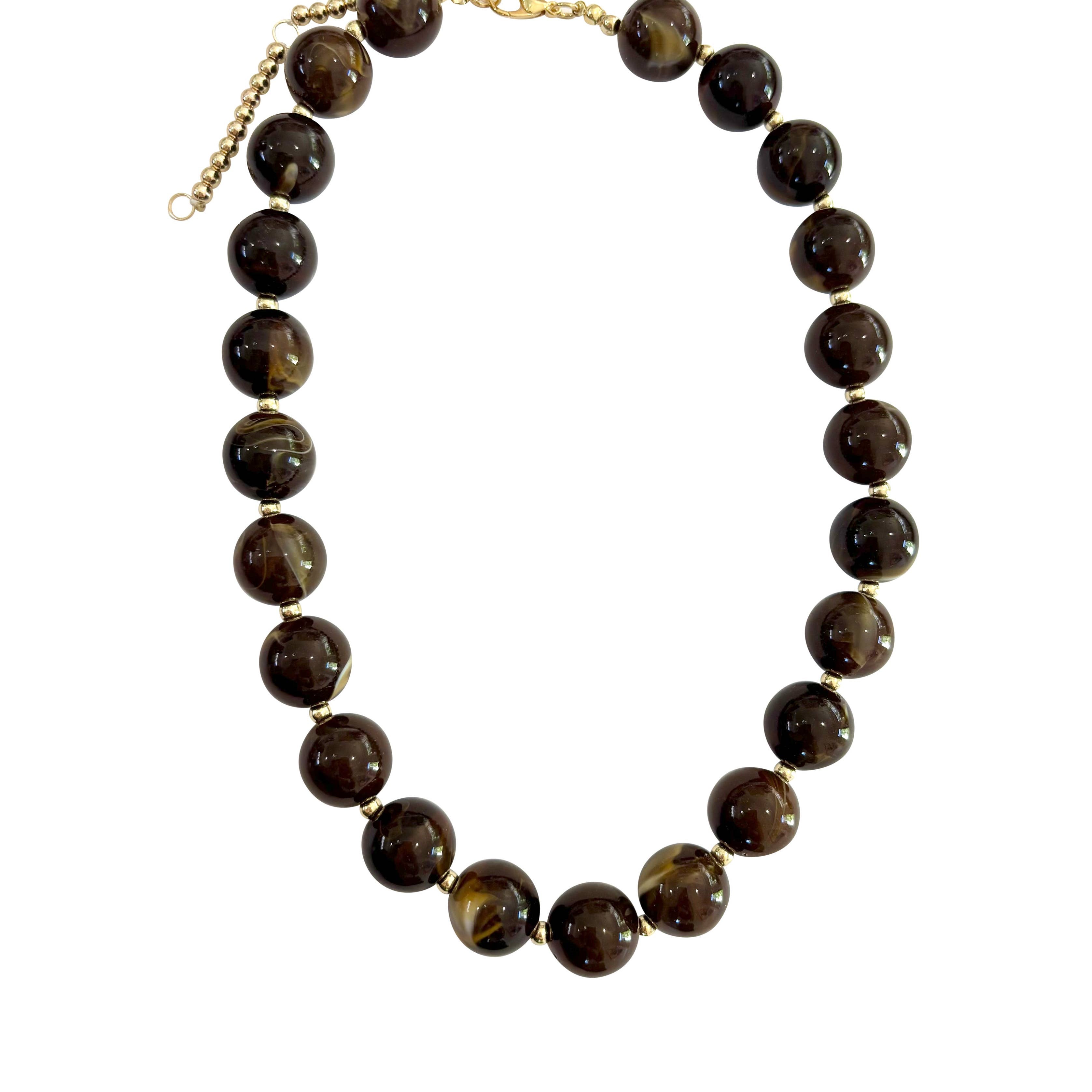 Brown chunky beaded necklace with round dark-brown beads and gold-tone chain links.
