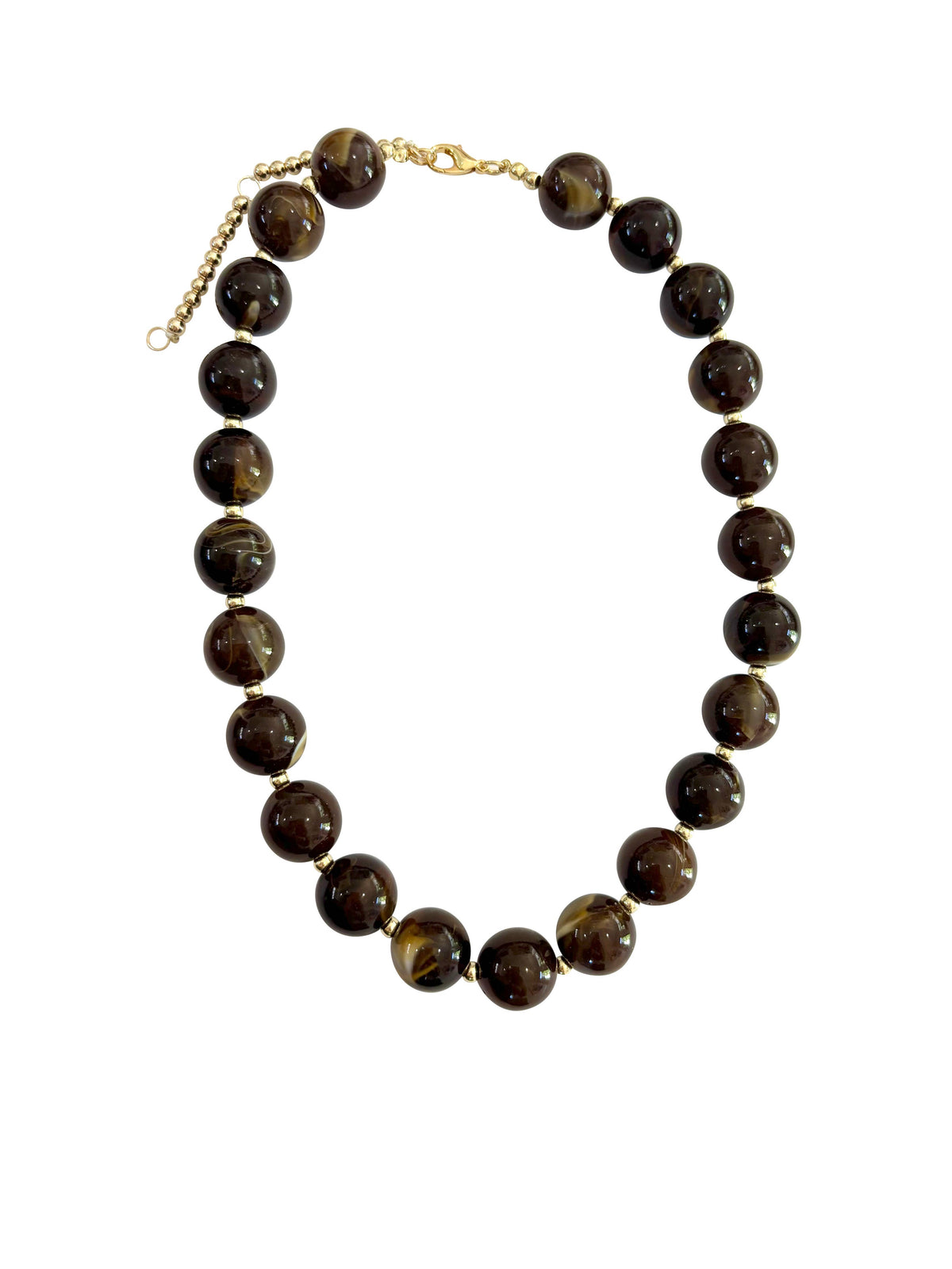 Brown chunky beaded necklace with round dark-brown beads and gold-tone chain links.