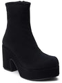 A single black platform ankle boot with a chunky block heel, shown from a three-quarters angle on a plain white background.