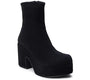 A single black platform ankle boot with a chunky block heel, shown from a three-quarters angle on a plain white background.