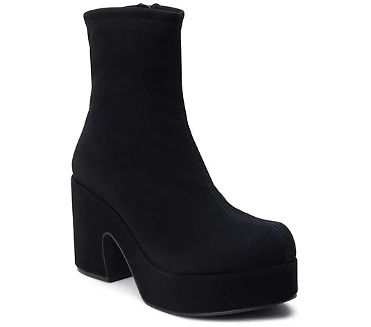A single black platform ankle boot with a chunky block heel, shown from a three-quarters angle on a plain white background.