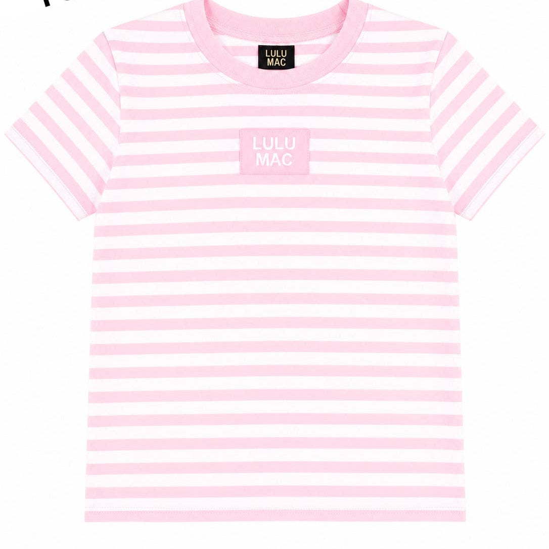 Youth baby doll top in light pink and white stripes, round neck, short sleeves