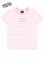 Youth baby doll top in light pink and white stripes, round neck, short sleeves