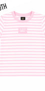 Youth baby doll top in light pink and white stripes, round neck, short sleeves