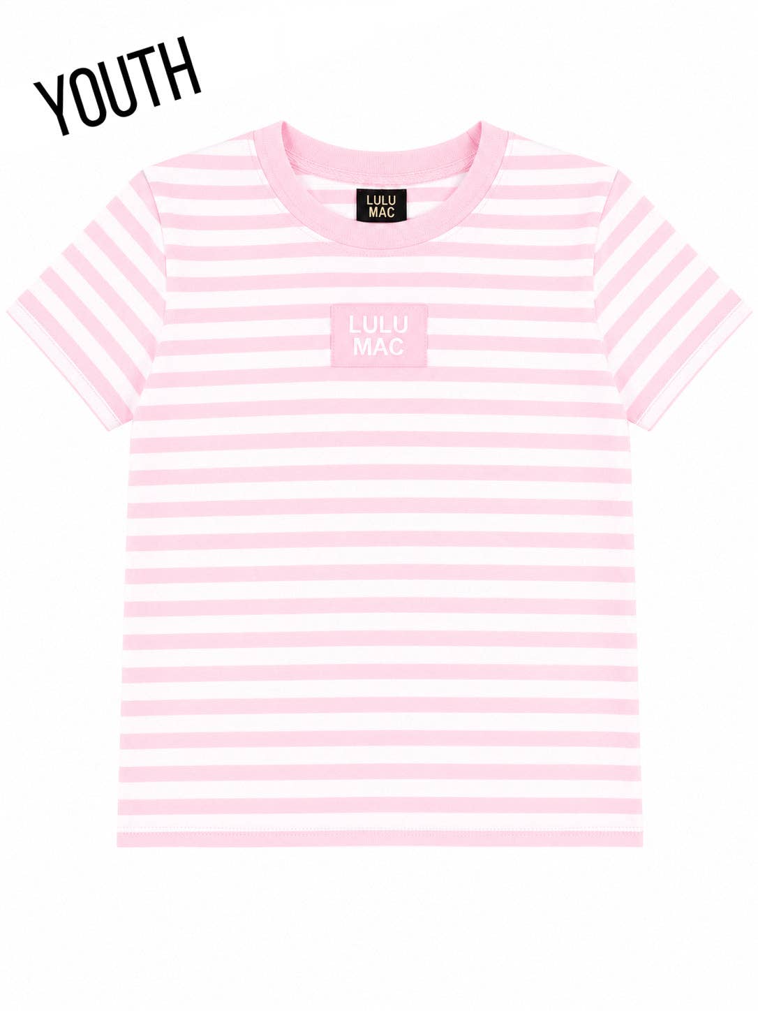 Youth baby doll top in light pink and white stripes, round neck, short sleeves