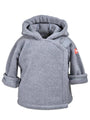 Gray fleece hoodie with a brand logo on a white background