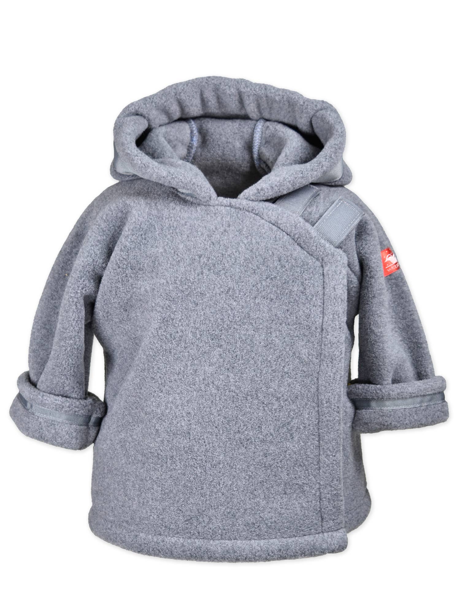 Gray fleece hoodie with a brand logo on a white background