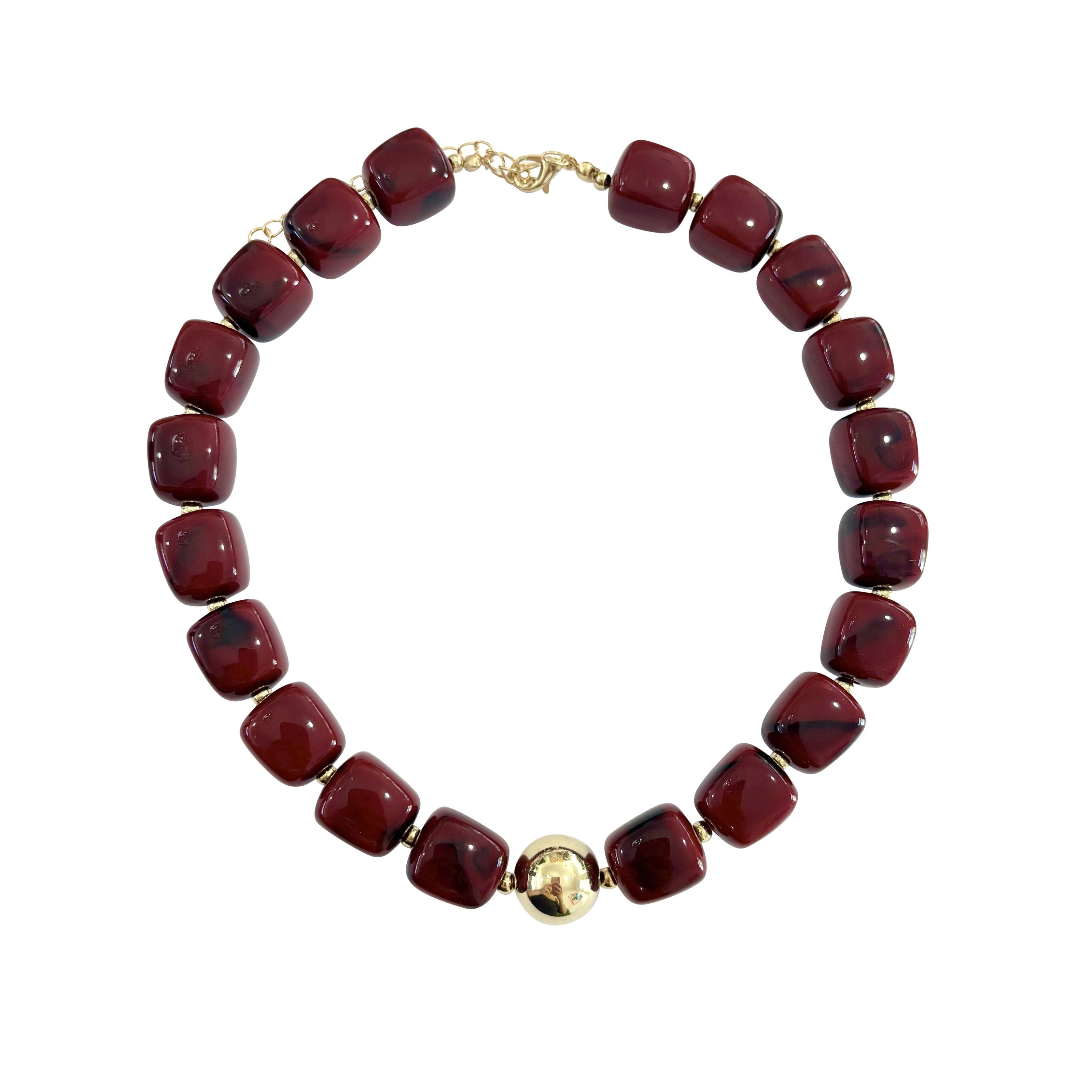 Chunky beaded necklace with maroon square beads and gold-tone clasp