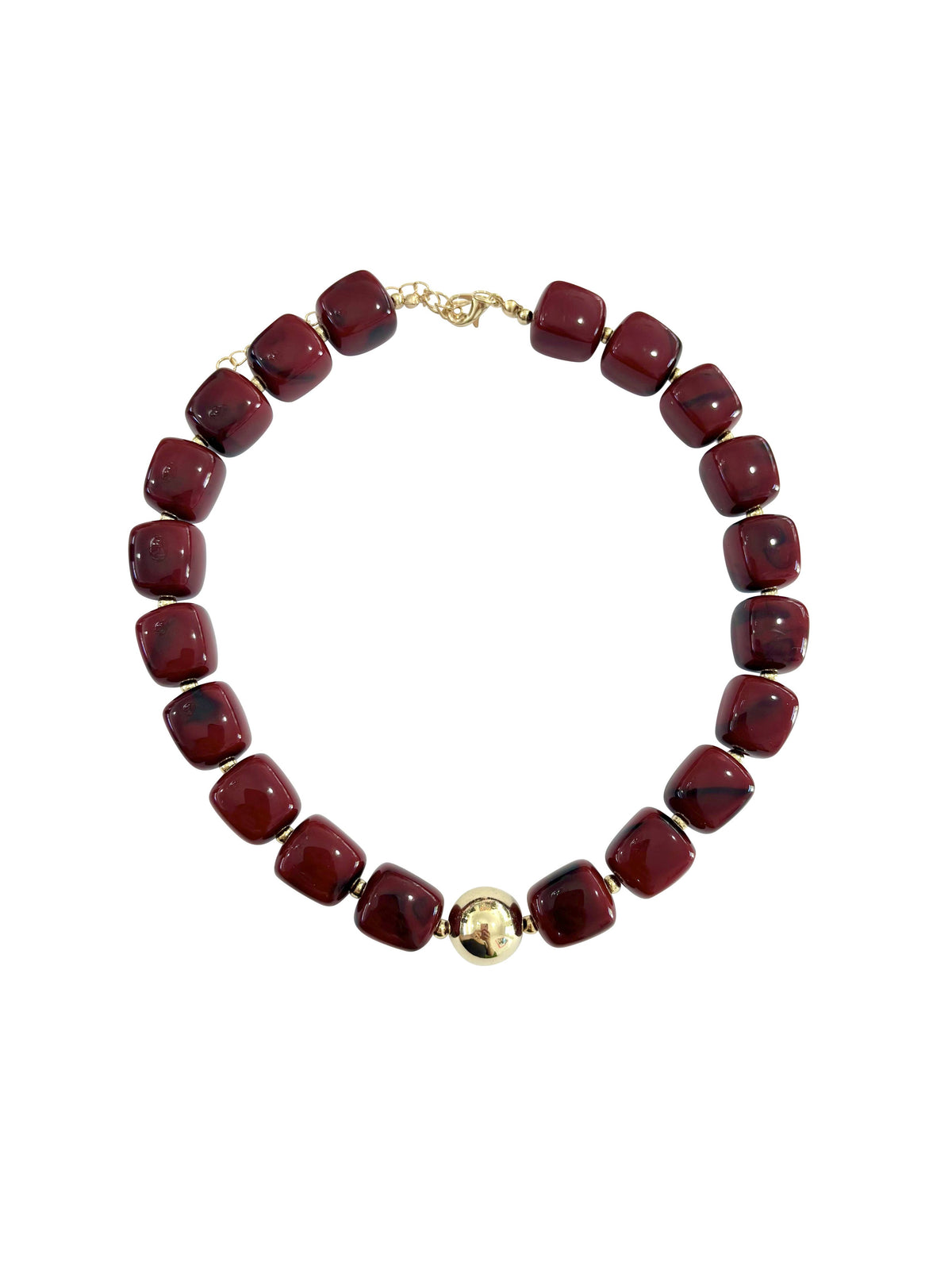Chunky beaded necklace with maroon square beads and gold-tone clasp