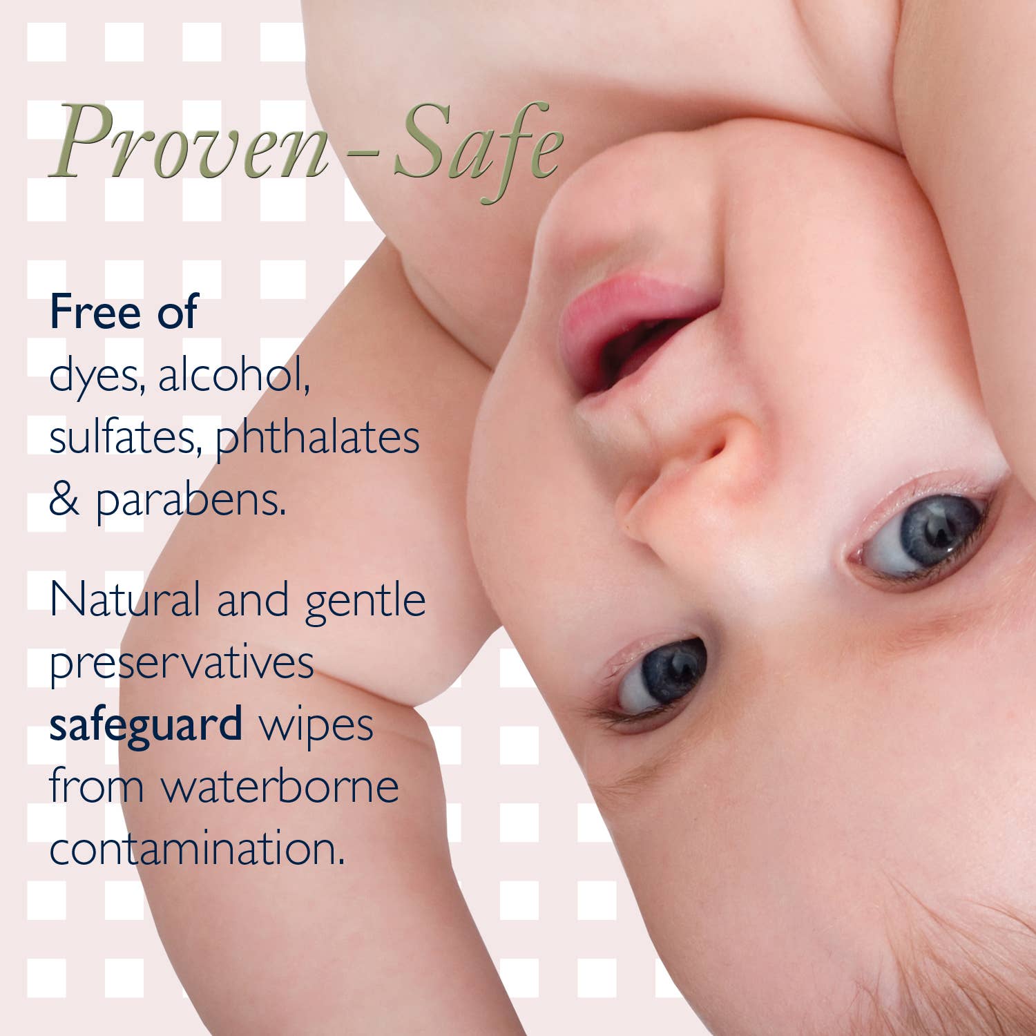 Baby's face with text about product safety and ingredients on a light pink background