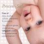 Baby's face with text about product safety and ingredients on a light pink background