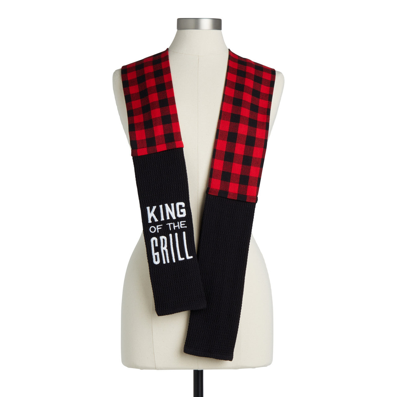 Black and red plaid scarf with 'King of the Grill' text on a mannequin.