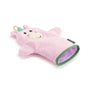 Pink children's mitt with a cartoon face on a white background