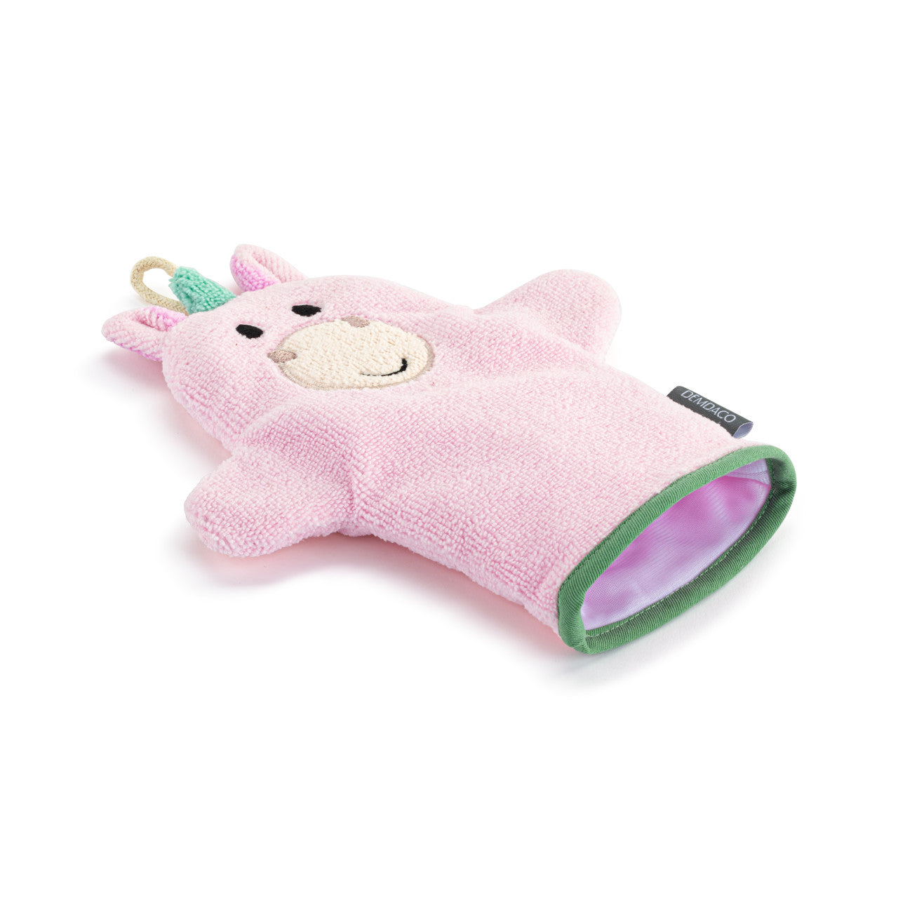 Pink children's mitt with a cartoon face on a white background