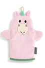 Pink unicorn-shaped bath mitt on a white background