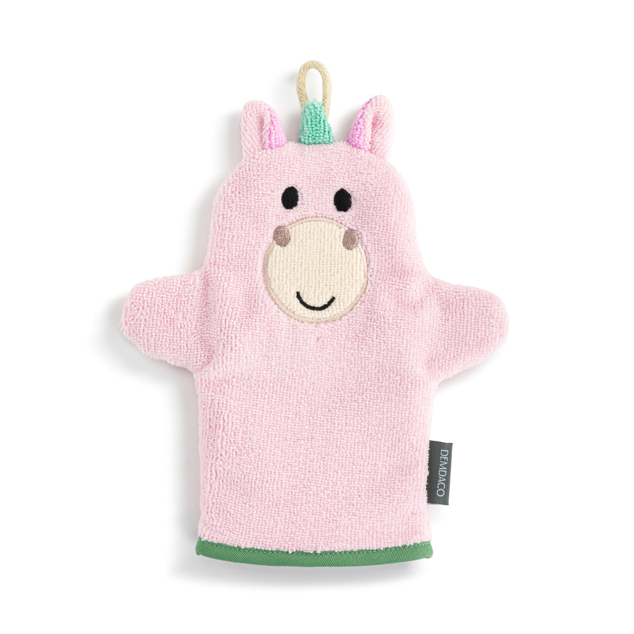 Pink unicorn-shaped bath mitt on a white background