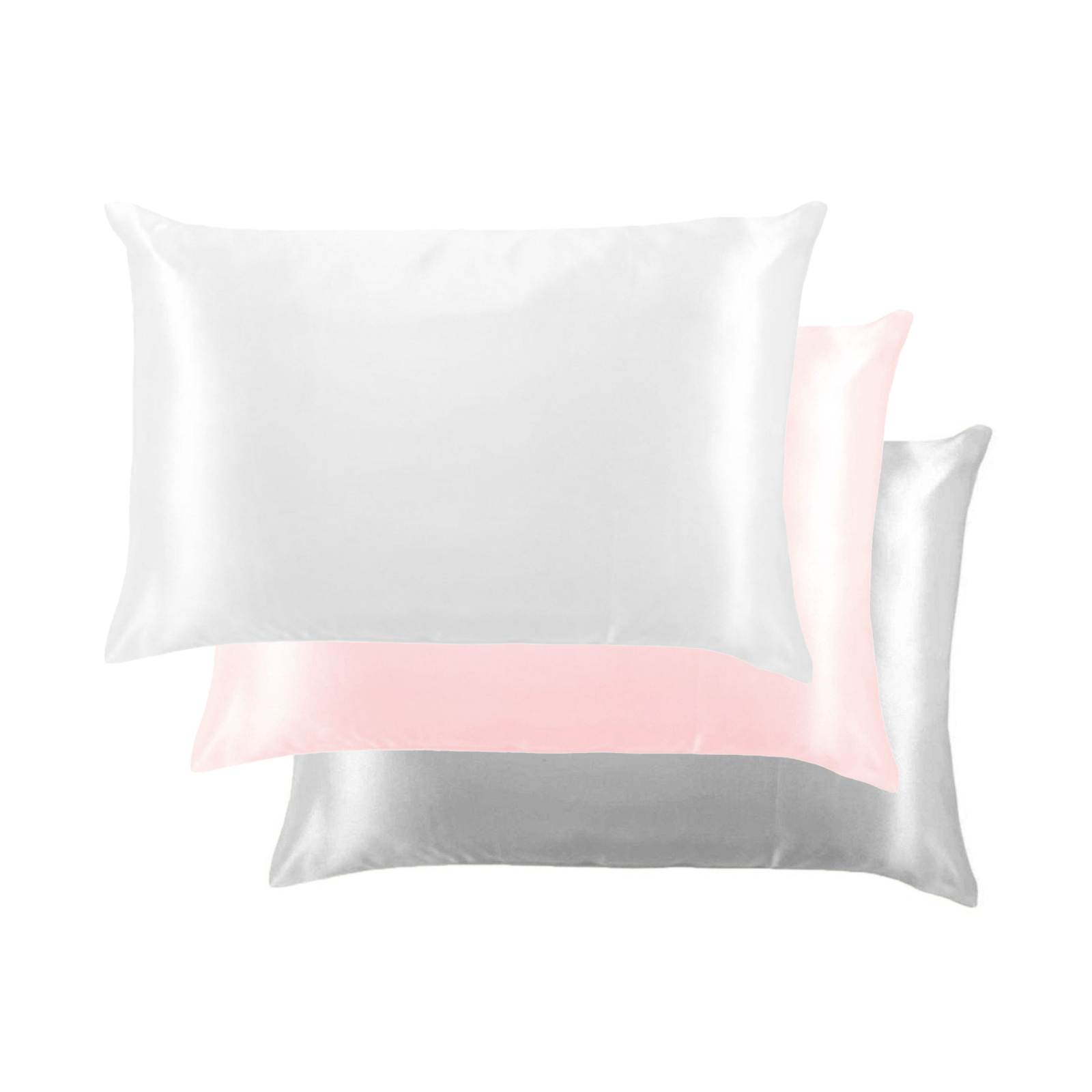 Three satin pillowcases on a white background