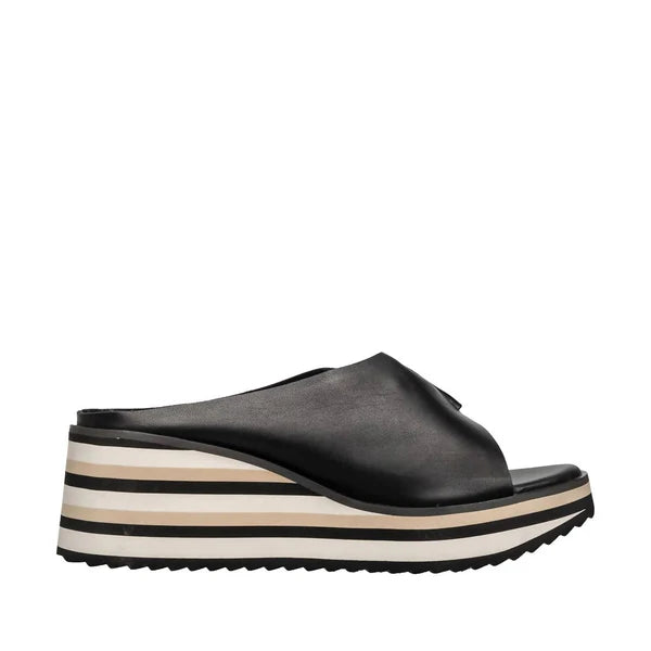 Black sandal with striped platform sole on a white background