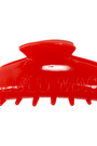 Red hair clip with 'Lulu Mac' branding on a white background
