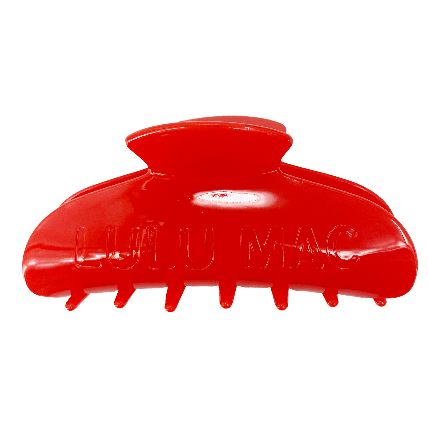 Red hair clip with 'Lulu Mac' branding on a white background