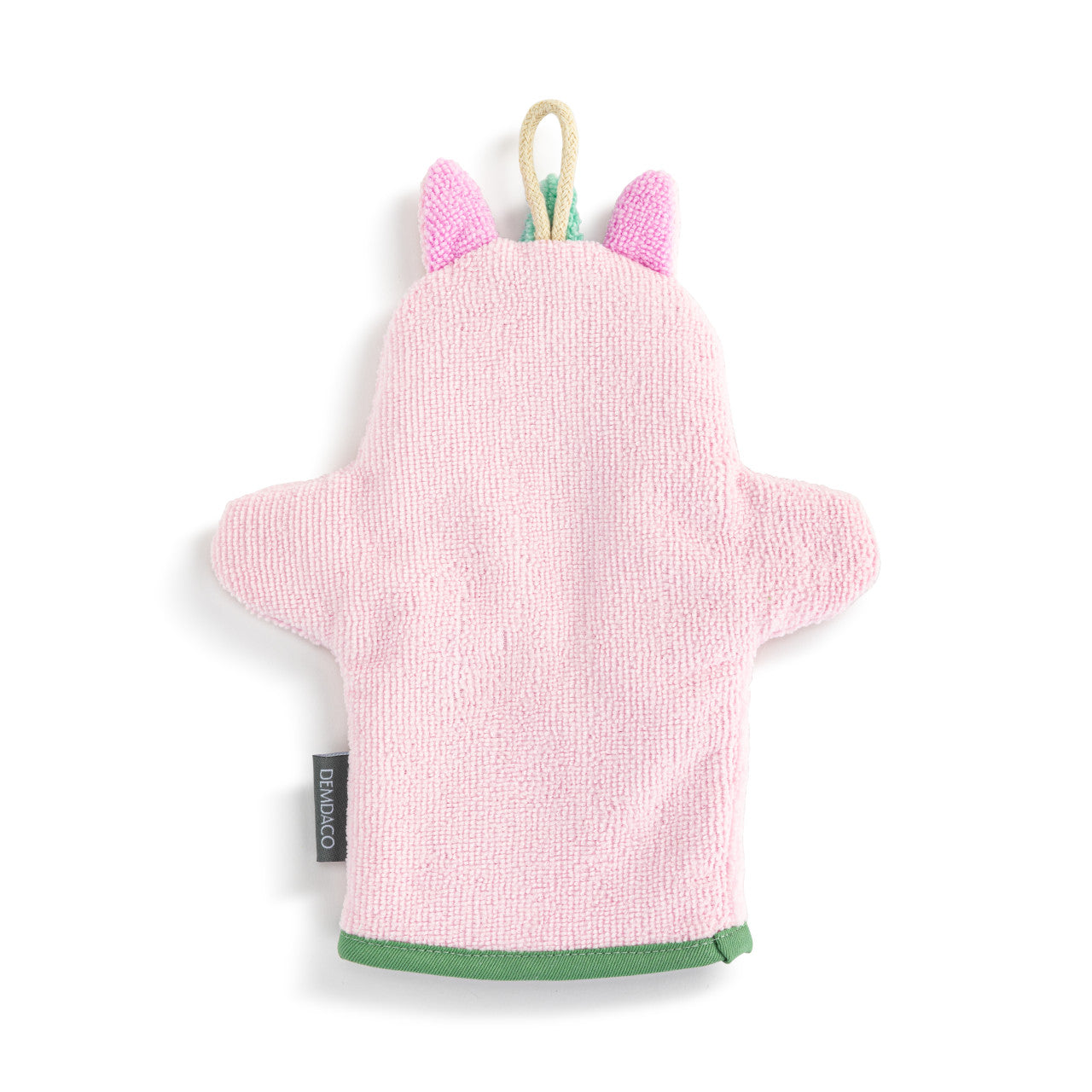 Pink baby mitt with green trim and bunny ears on a white background