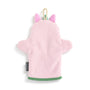 Pink baby mitt with green trim and bunny ears on a white background