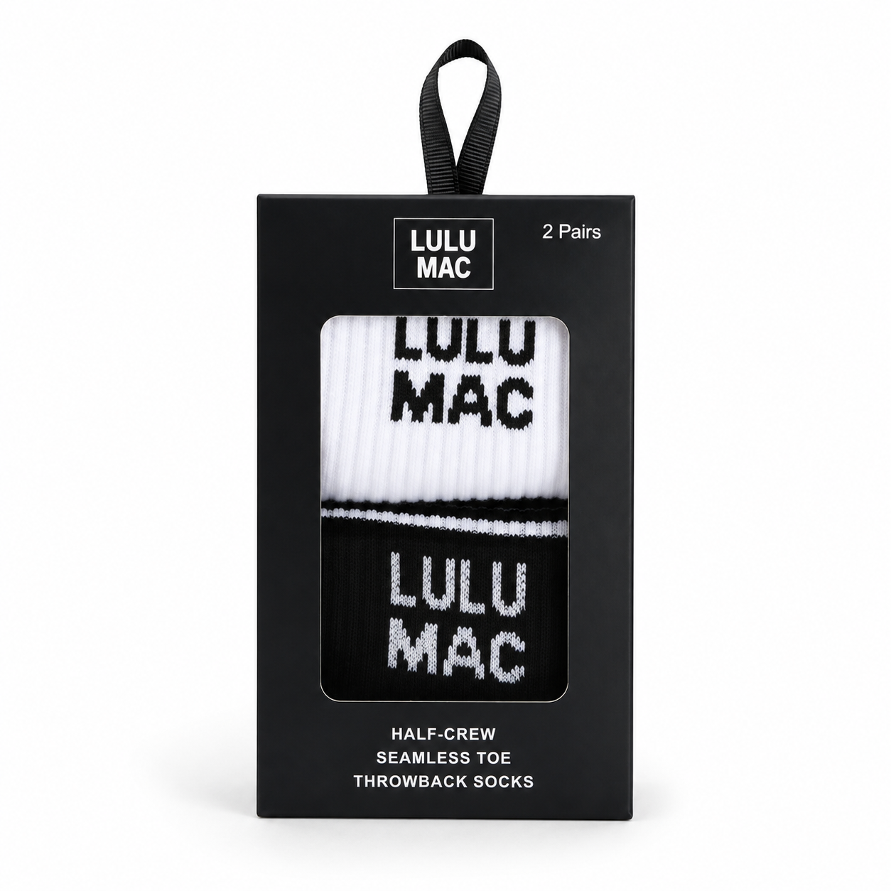Lulu Mac half-crew socks 2-pair box, black and white with Lulu Mac lettering
