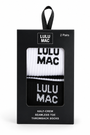 Lulu Mac half-crew socks 2-pair box, black and white with Lulu Mac lettering