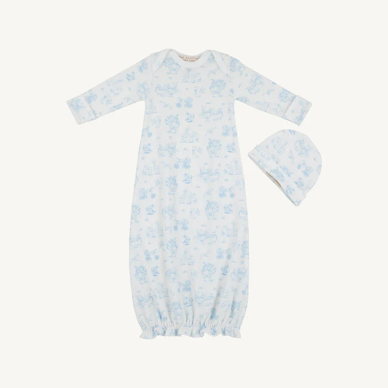 Baby gown with blue floral pattern and matching hat on a white background