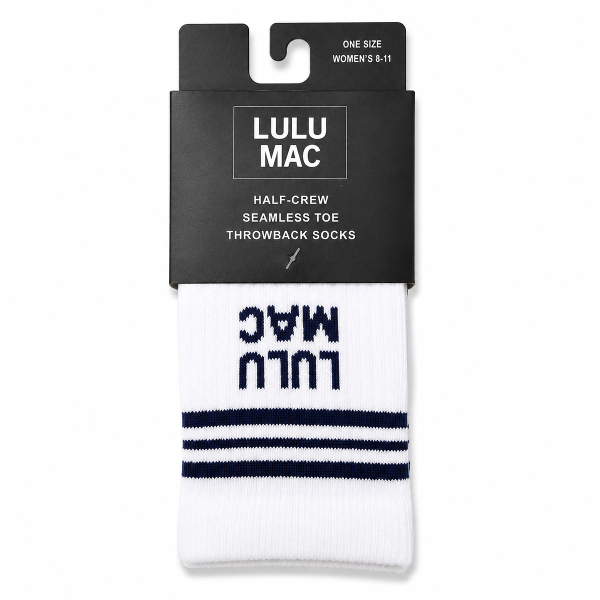 White half-crew socks with navy stripe and Lulu Mac print, seamless toe, one pair
