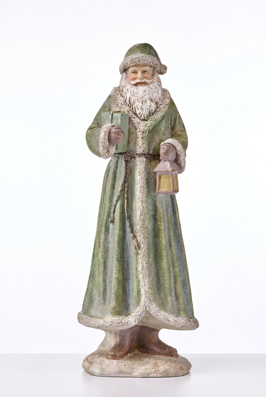 Antique resin Santa figurine holding a lantern, green robe with textured trim.