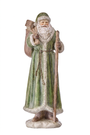 Antique resin Santa figurine holding a staff, green robe with textured trim.