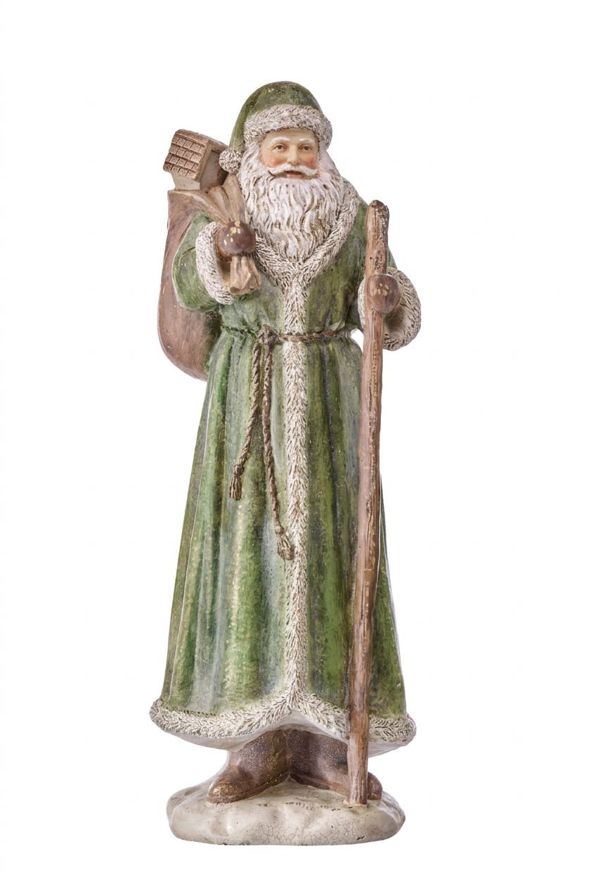 Antique resin Santa figurine holding a staff, green robe with textured trim.