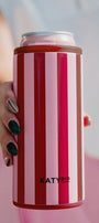 Pink and wine striped can cooler with lid; side handle ring and KATYDID logo