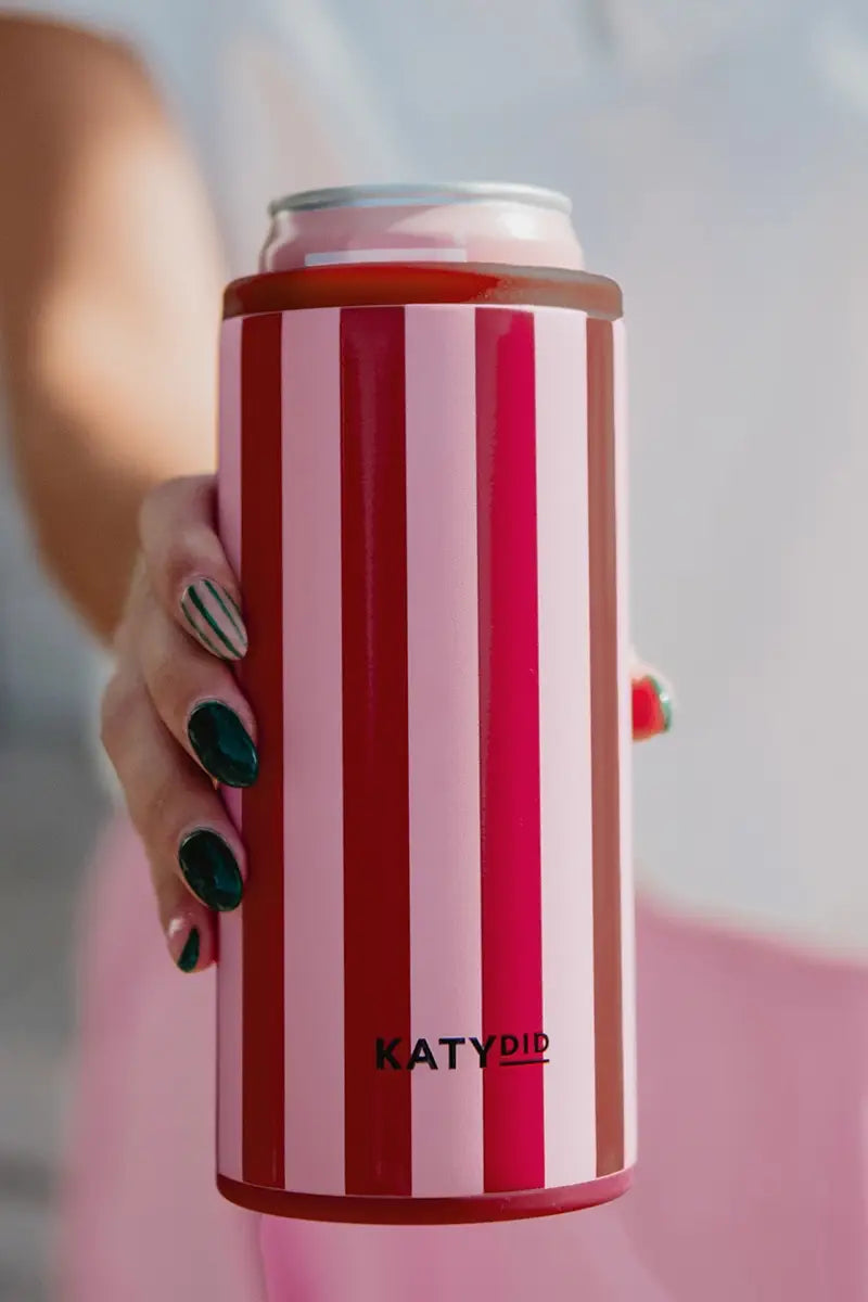 Pink and wine striped can cooler with lid; side handle ring and KATYDID logo
