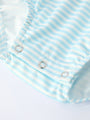 Close-up of a baby romper with blue and white stripes on a light gray background