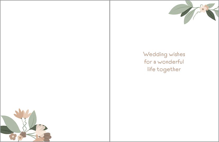 Greeting card with floral design and text 'Wedding wishes for a wonderful life together' on a white background.
