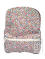Floral patterned backpack with a visible brand logo on a white background