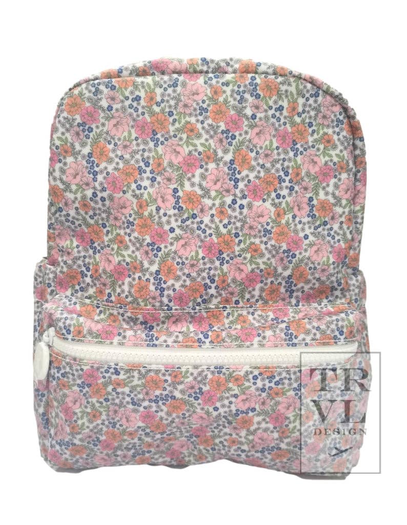 Floral patterned backpack with a visible brand logo on a white background