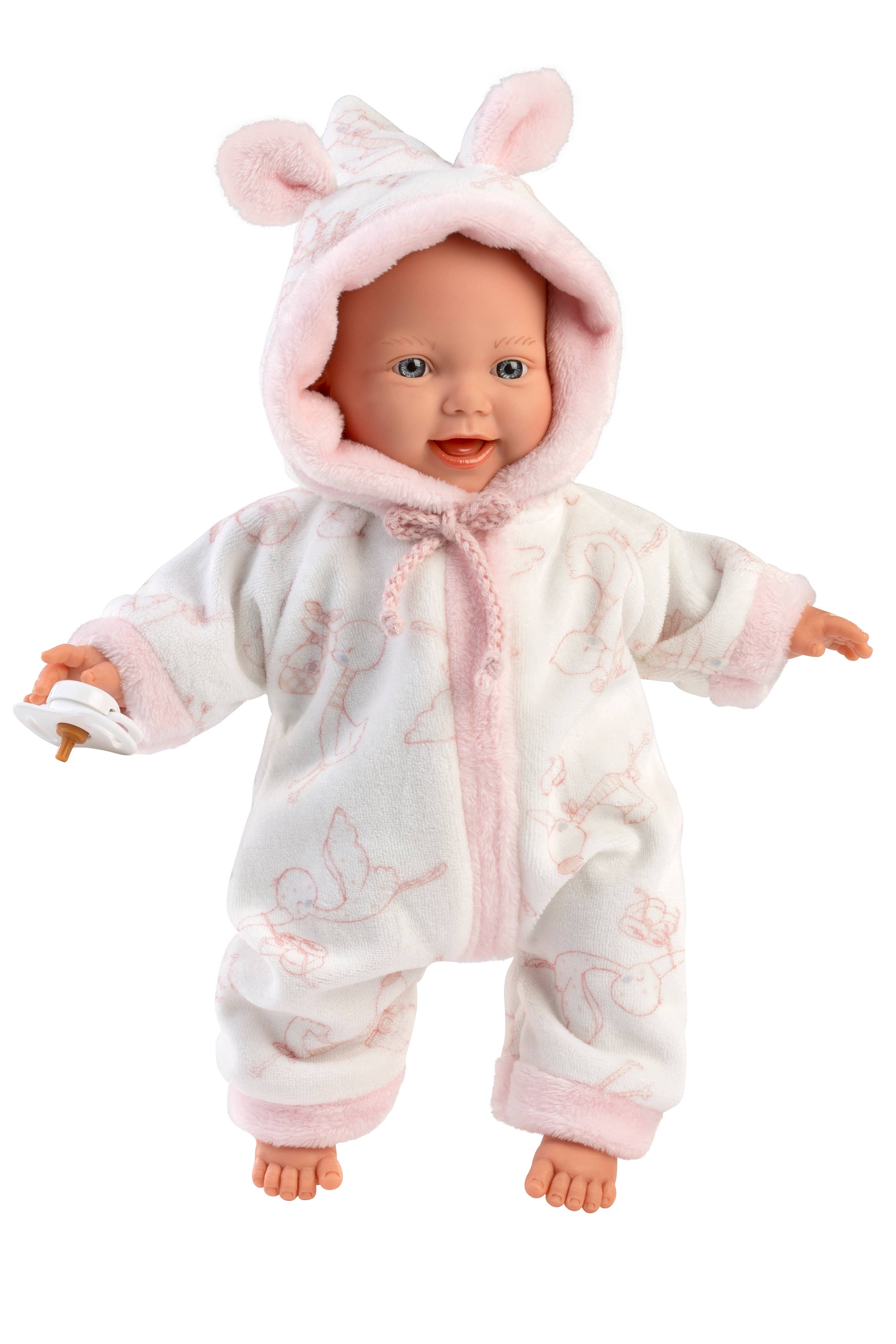 Baby doll wearing a pink and white onesie with bunny ears on a white background