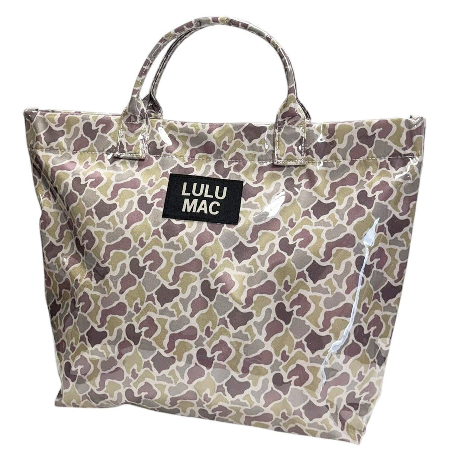 Patterned tote bag with 'LULU MAC' label on a white background