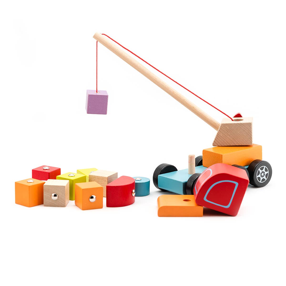 Colorful wooden toy set with blocks and a crane on a white background