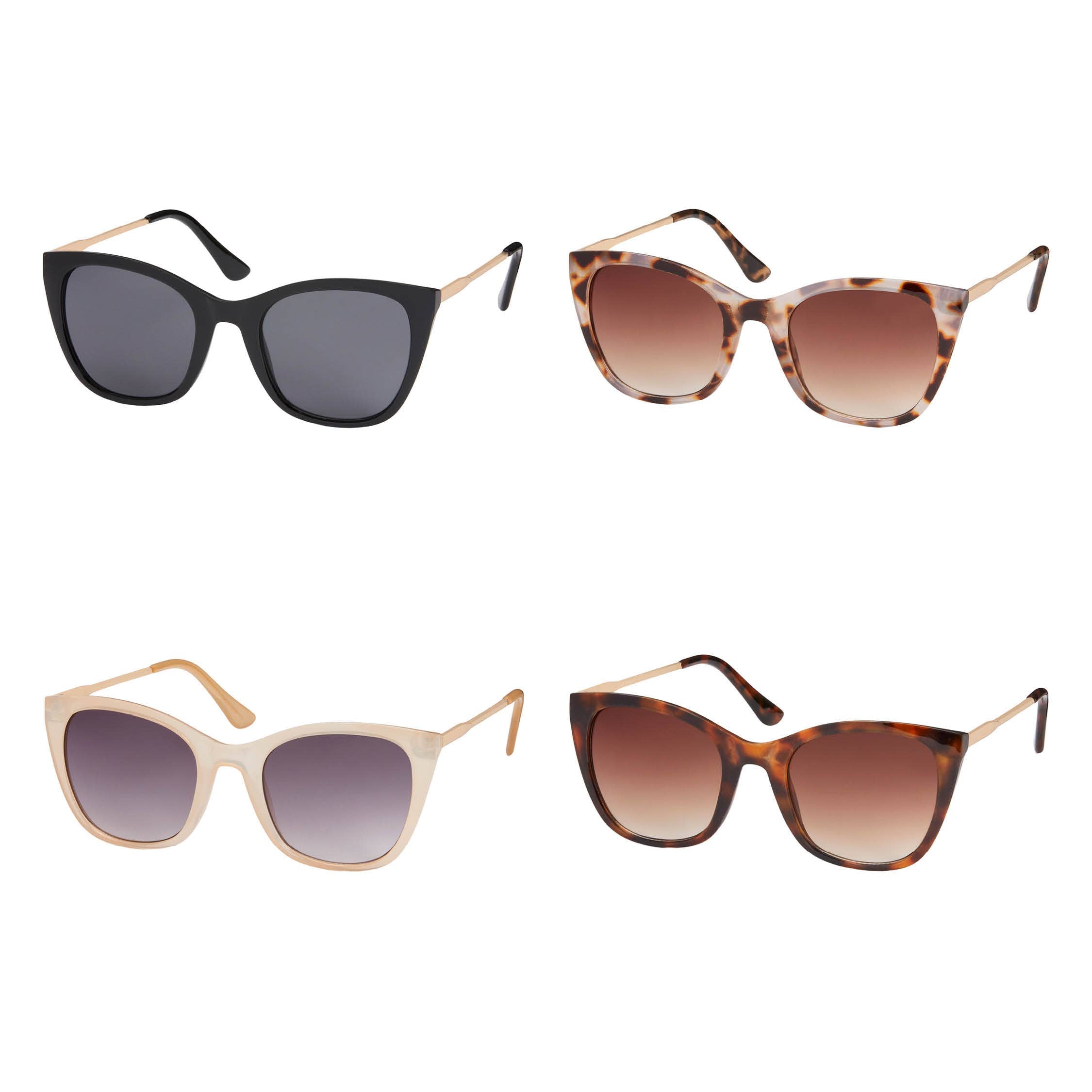 Four pairs of sunglasses with different frame colors and gradient lenses on a white background.