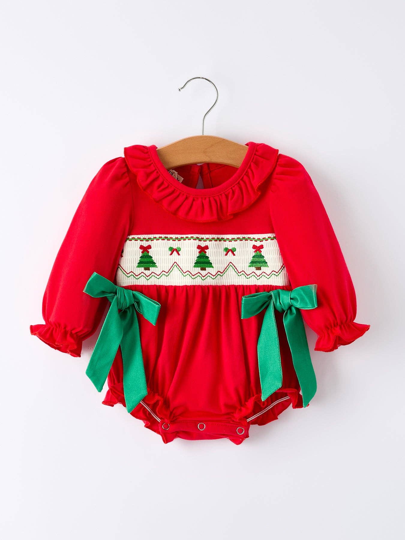 Rylee Faith Designs - Christmas Smocked Girls Romper with Green Bow and Tree Embroidery