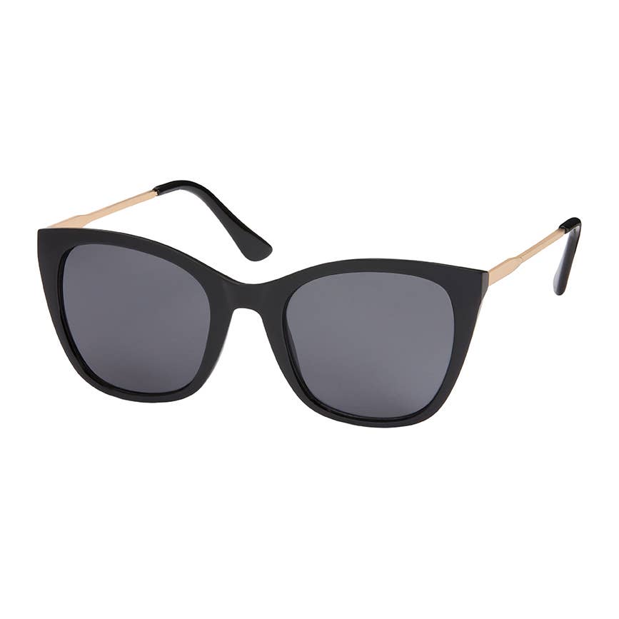 Black sunglasses with gold accents on a white background