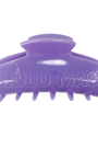 Purple hair clip with 'Lulu Mac' branding on a white background