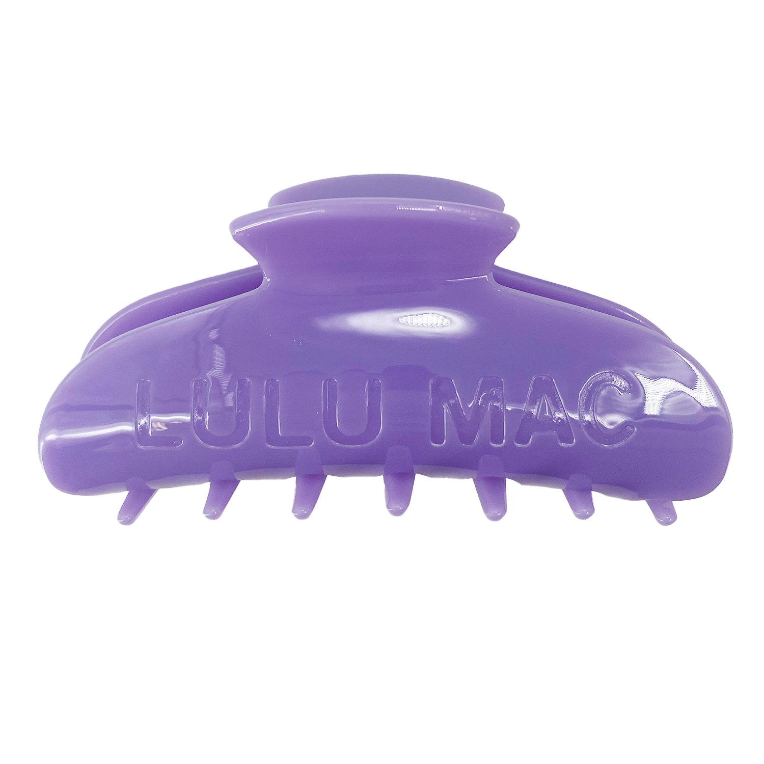 Purple hair clip with 'Lulu Mac' branding on a white background